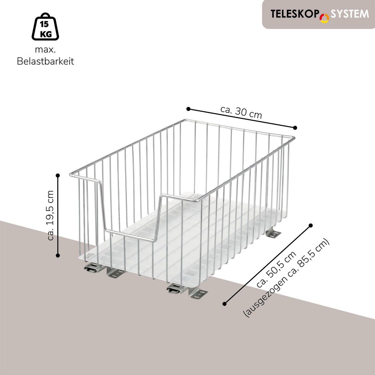 SCHRANK-KORBAUSZUG 30 cm, silber, Metall - Chromfarben, Metall (30/23/50.5cm) - bremermann
