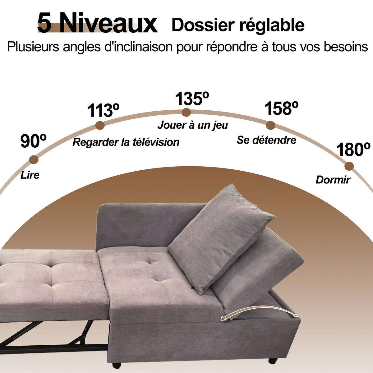 KLAPPBETT mit 3-in-1-Funktion und verstellbarer Rückenlehne - Graubraun, Holz/Textil - EVRYAE