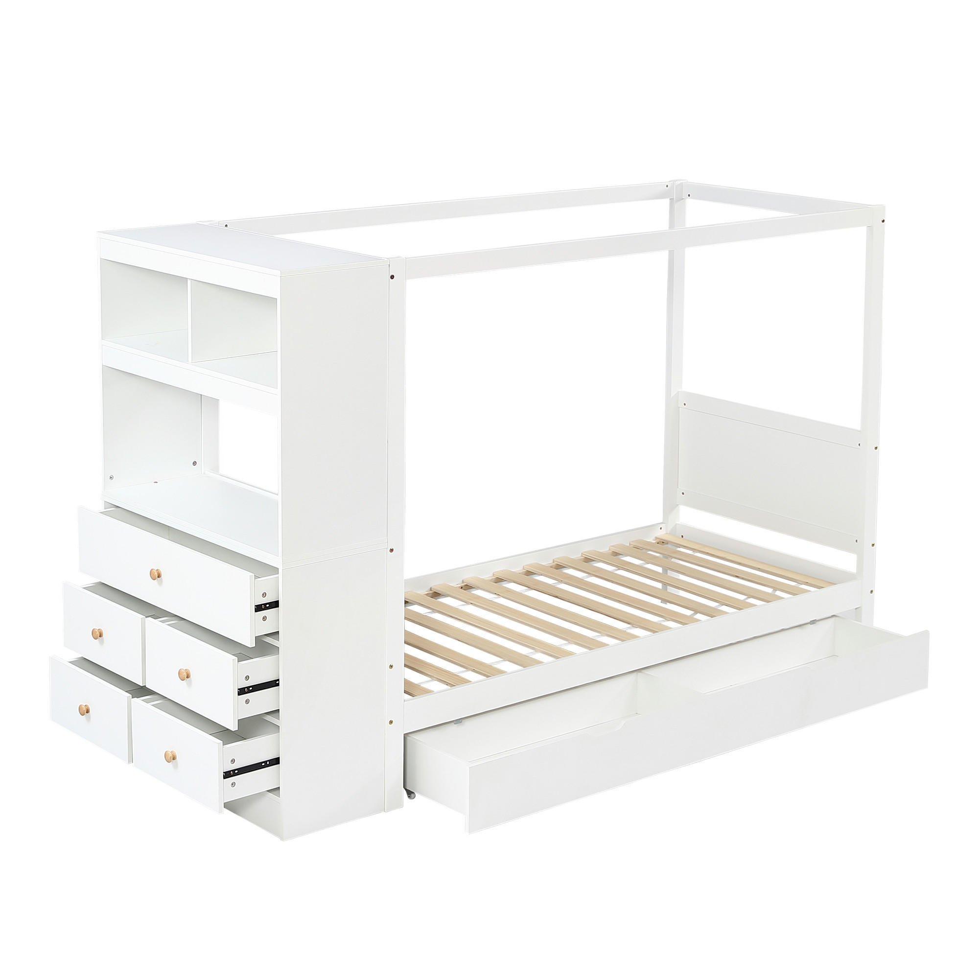 STAURRAUMBETT 90/200 cm DE-02262, in Weiß/Natur, mit 5 Schubladen und Lagerschrank - Weiß, Holz/Holzwerkstoff (90/200cm) - ComfortXL