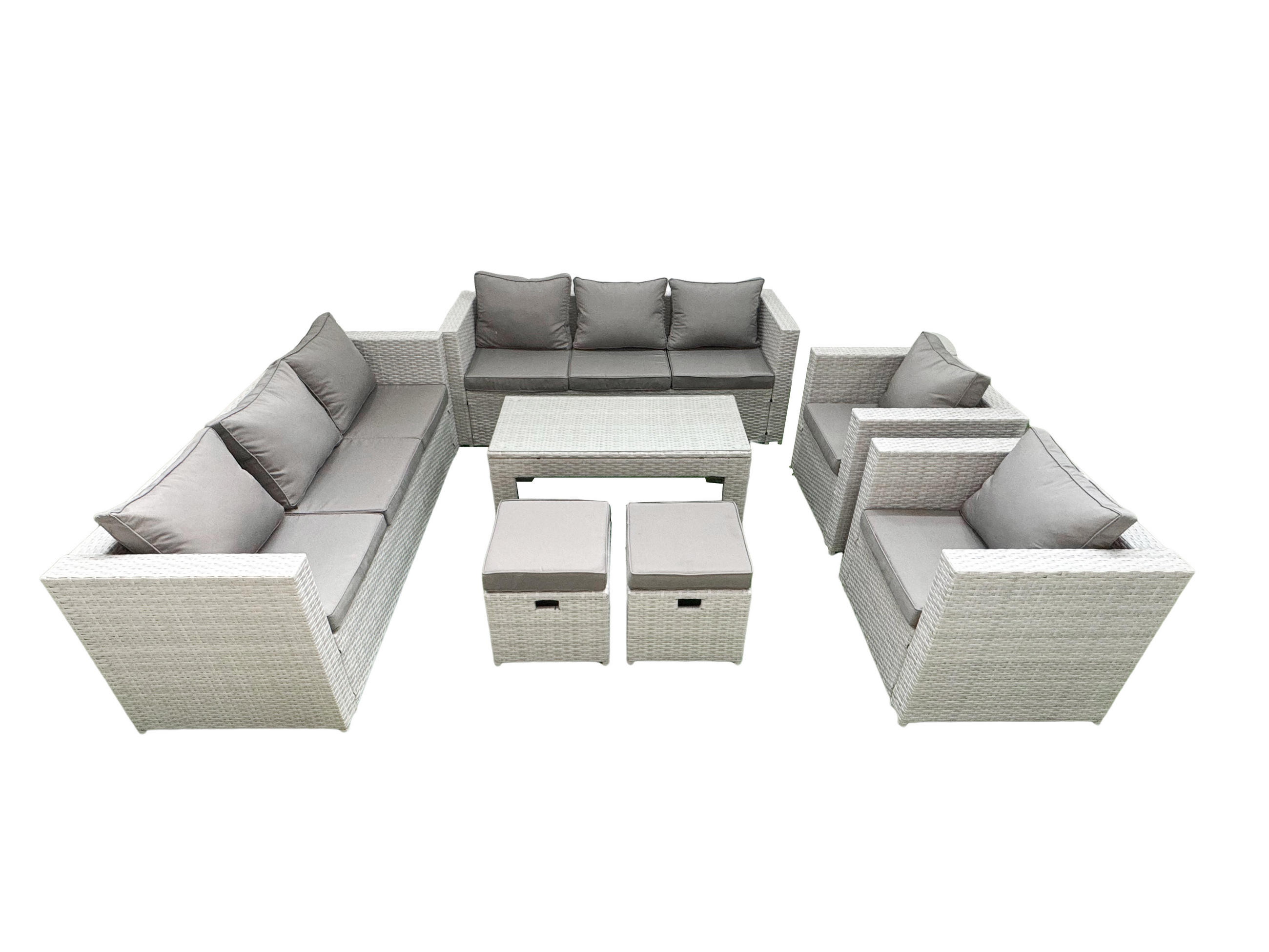 GARTENSOFA hohe Rückenlehne Polyrattan Hellgrau-Mix 10-Sitzer - Hellgrau/Grau, Glas/Kunststoff - Fimous
