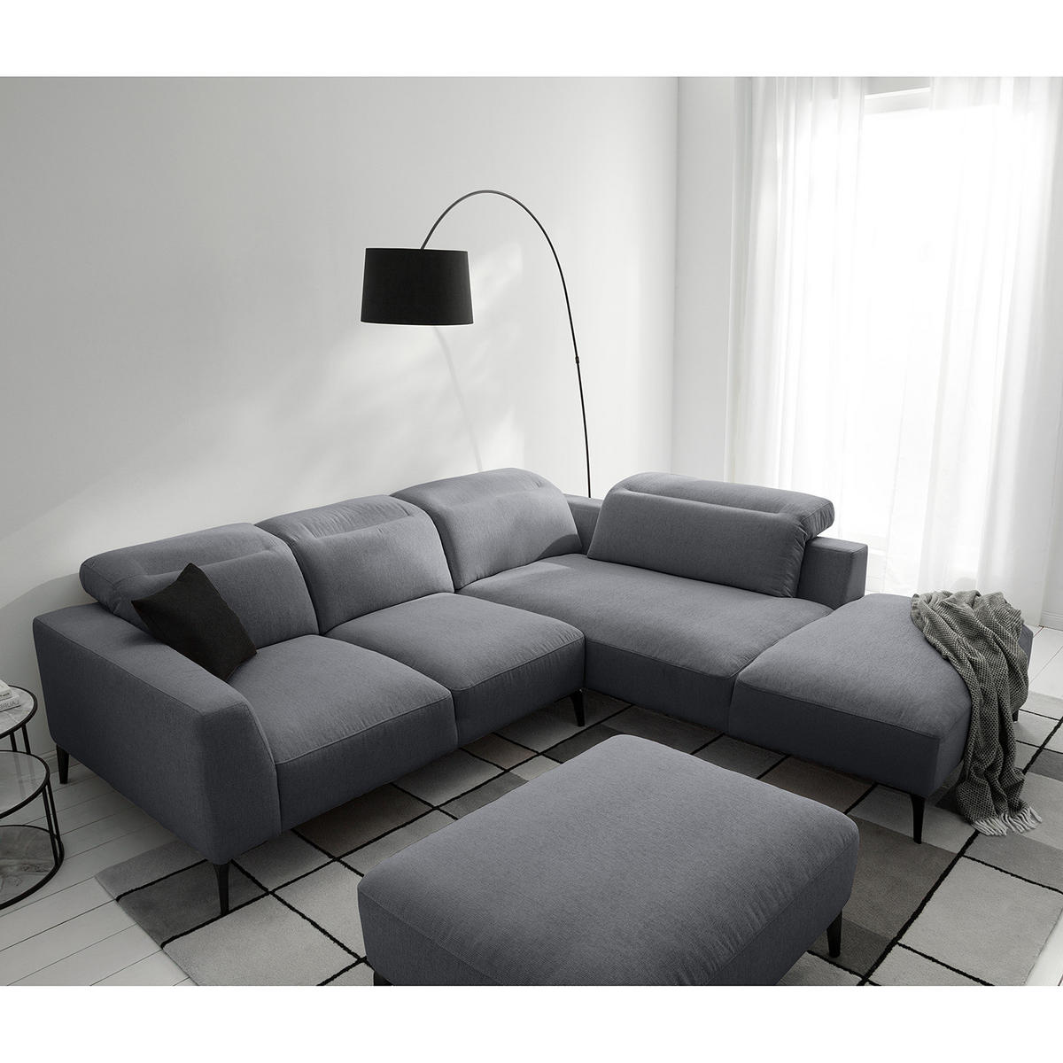 ECKSOFA mit Ottomane - Schwarz/Grau, Textil/Metall (263/238cm) - home24