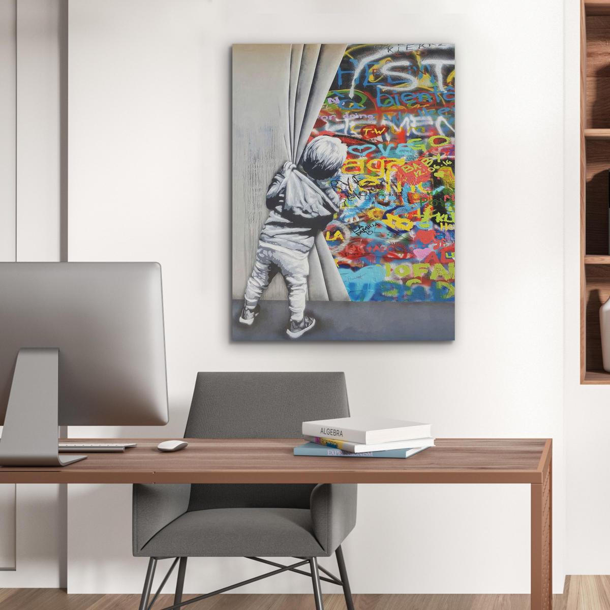 AKUSTIKBILD Graffiti - Junge - Ilussie - Straßenkunst Wandbilder 60x80 cm - Hellgrau, Textil (60/80/0.9cm) - MuchoWow