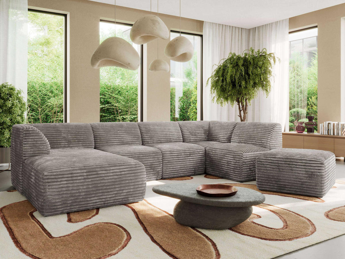 WOHNLANDSCHAFT MODARO U 6M - Hellbraun Cord - Links - Hellbraun/Schwarz, Textil (180/78/345cm) - MKS
