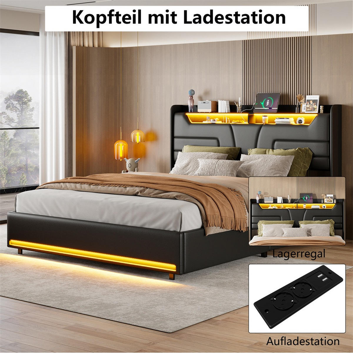 POLSTERBETT 140x200cm mit Hydraulischem Stauraum - RGB-LED-Beleuchtung - Ladefunktion am Kopfteil - ohne Matratze - Schwarz - Schwarz, Textil (140/200cm) - DELFA