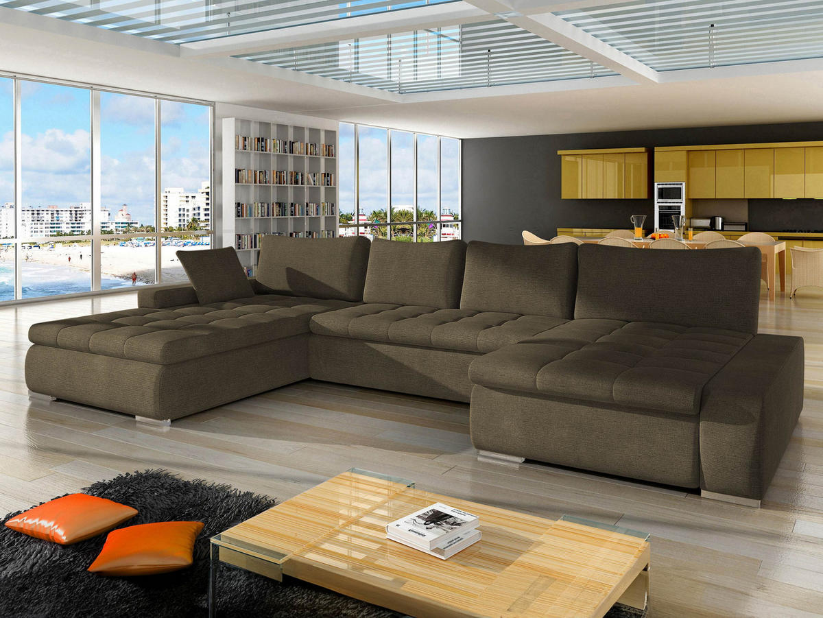 WOHNLANDSCHAFT Caro - Dunkelbraun/Silberfarben, Holz/Textil (394/80/213cm) - MIRJAN24