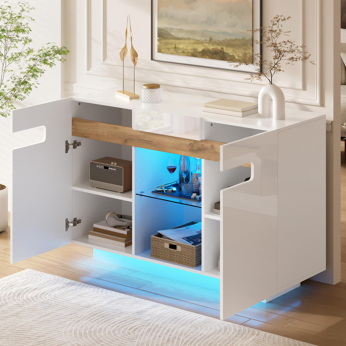 SIDEBOARD Weiß und Natur 120/40/80 cm - Weiß, Glas (120/80/40cm) - PANGIVO