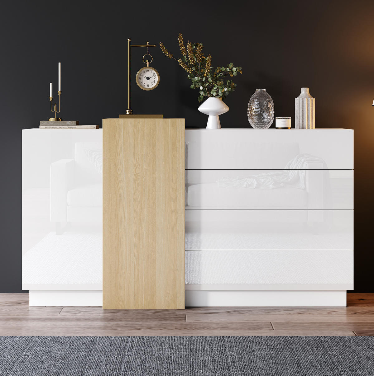 SIDEBOARD aus MDF 140x35x76,5 cm Weiß Hochglanz mit 4 Schubladen und Push-to-open - Weiß, Holzwerkstoff (140/76.5/35cm) - IVMEU