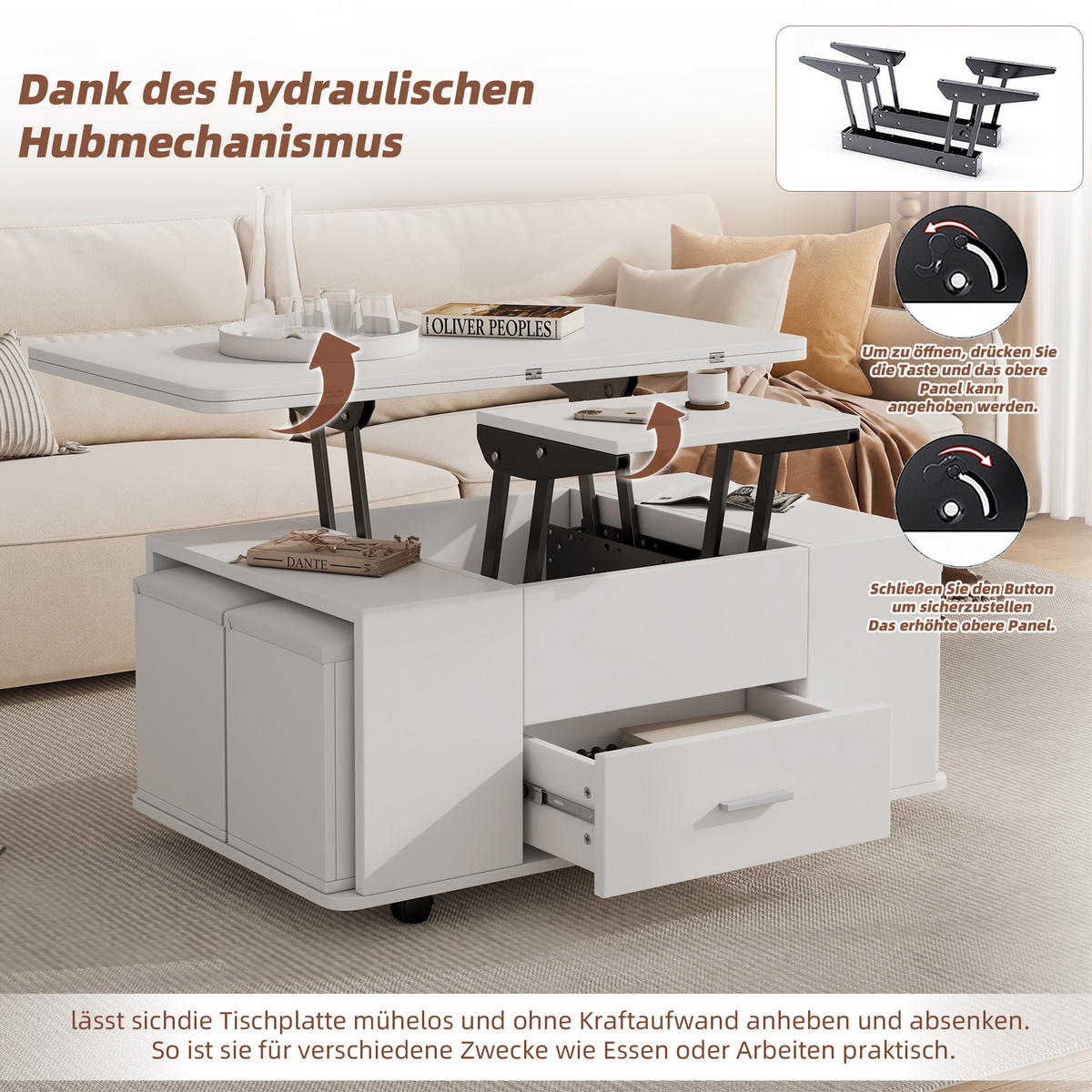 COUCHTISCH Höhenverstellbar 4-in-1 Weiß mit Schubladen 4 Hocker - Weiß, Holzwerkstoff (100/50/45cm)