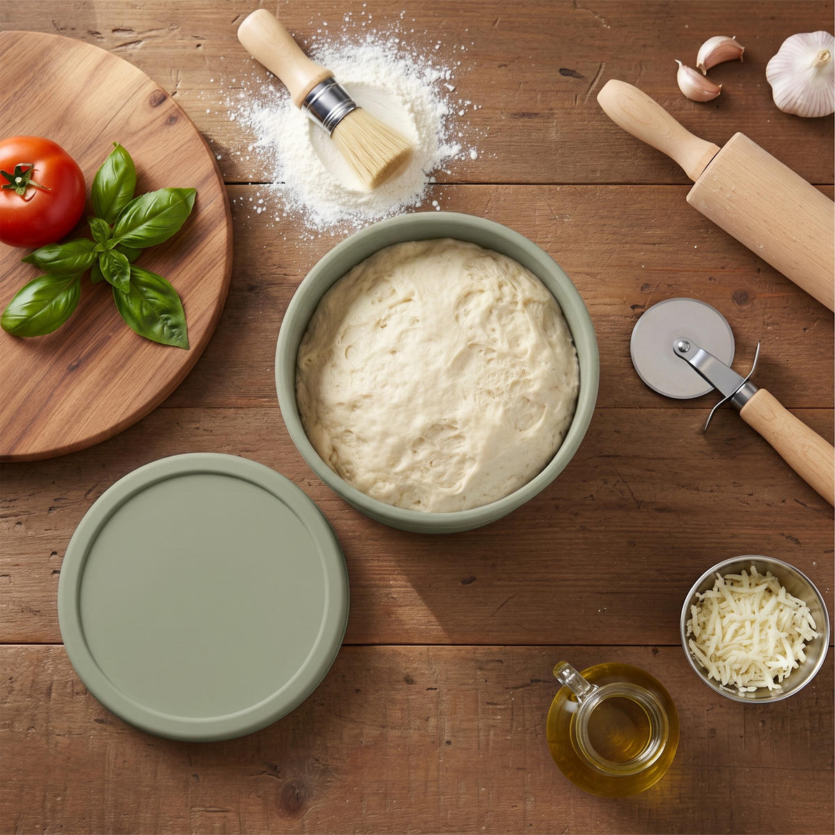 PIZZABALLENBOX Salbei 4er-Set Silikon mit Deckel - Dunkelgrün, Kunststoff (14.5/6.5/14.5cm) - Relaxdays