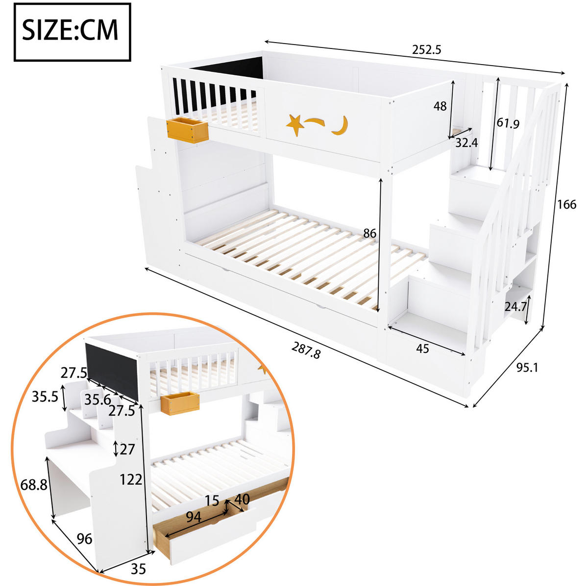 ETAGENBETT 90/200 cm mit Schreibtisch, Stauraumtreppe und 2 Schubladen, Weiß - Weiß, Holzwerkstoff (90/200cm) - Redom
