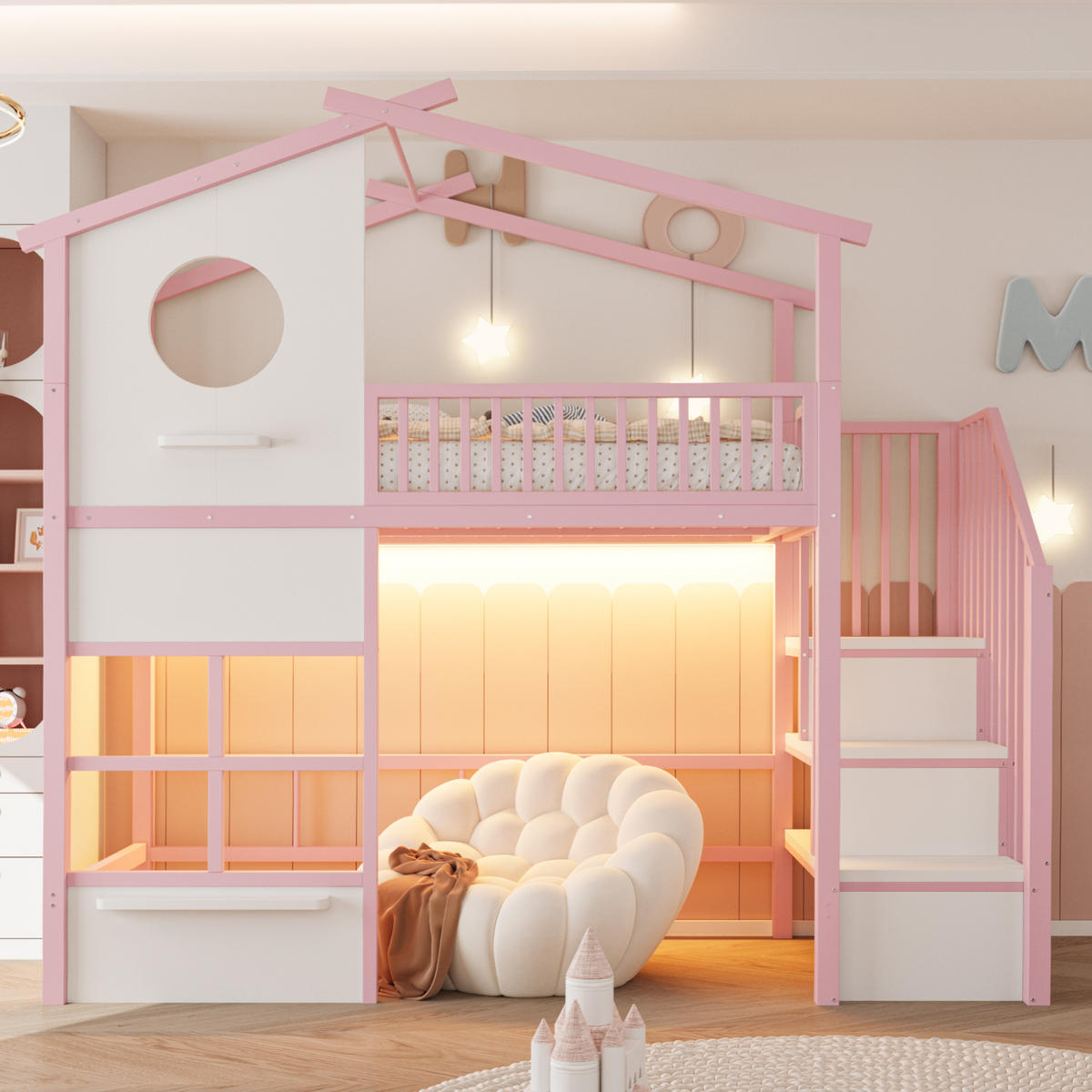 HOCHBETT 90/200 cm mit LED und Stauraumtreppe, DE-41612, in Rosa - Pink, Metall (90/200cm) - ComfortXL