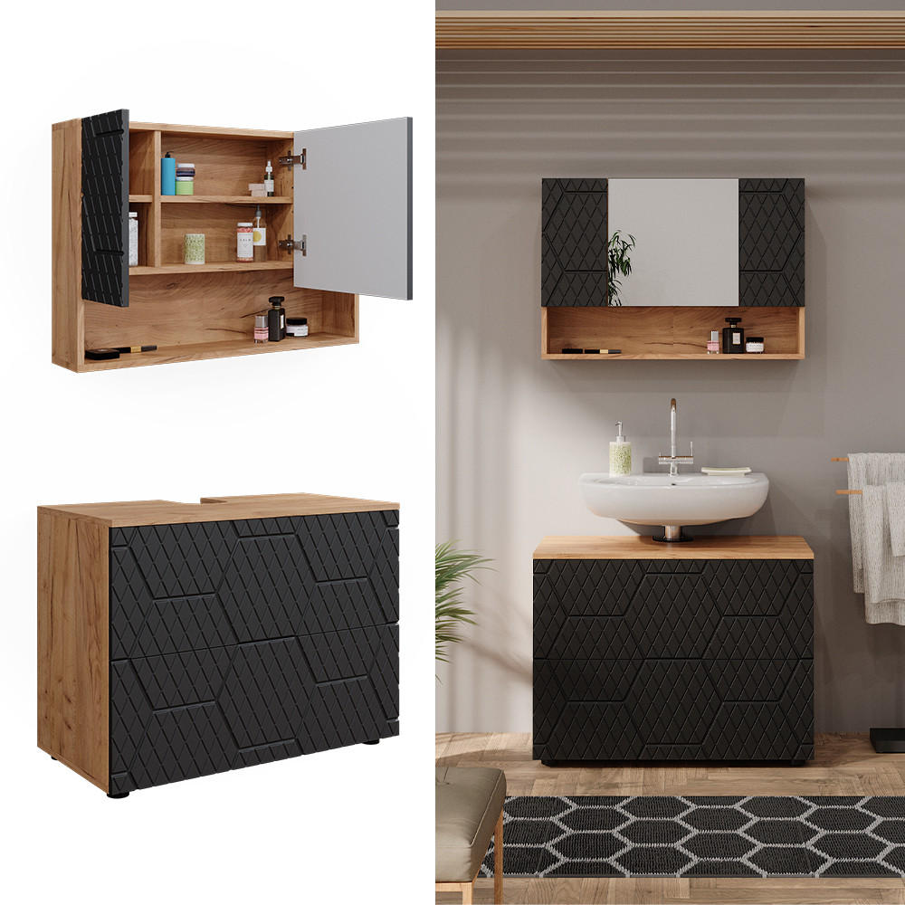 BADMÖBEL-SET Irma Anthrazit gestreift 2 Teile, Unterschrank 80 cm - Honigeiche/Anthrazit, Holzwerkstoff (80/58.6/41cm) - Vicco