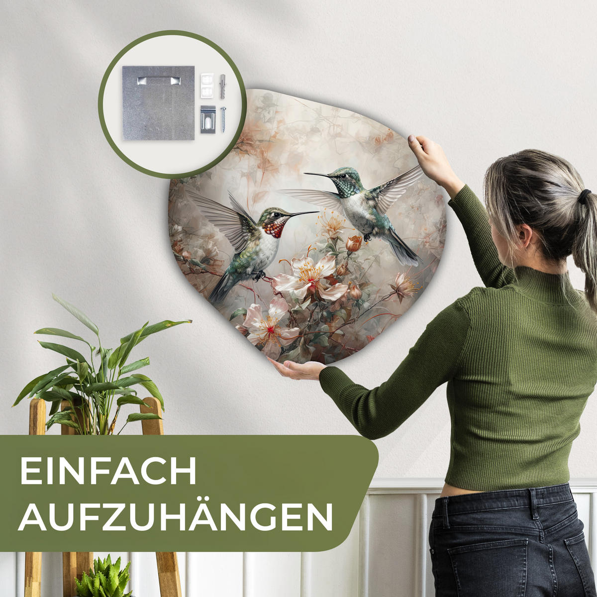 WANDBILD Kolibri - Vögel - Blumen - Pflanzen 60x60 cm - Hellgrün, Kunststoff (60/60cm) - MuchoWow
