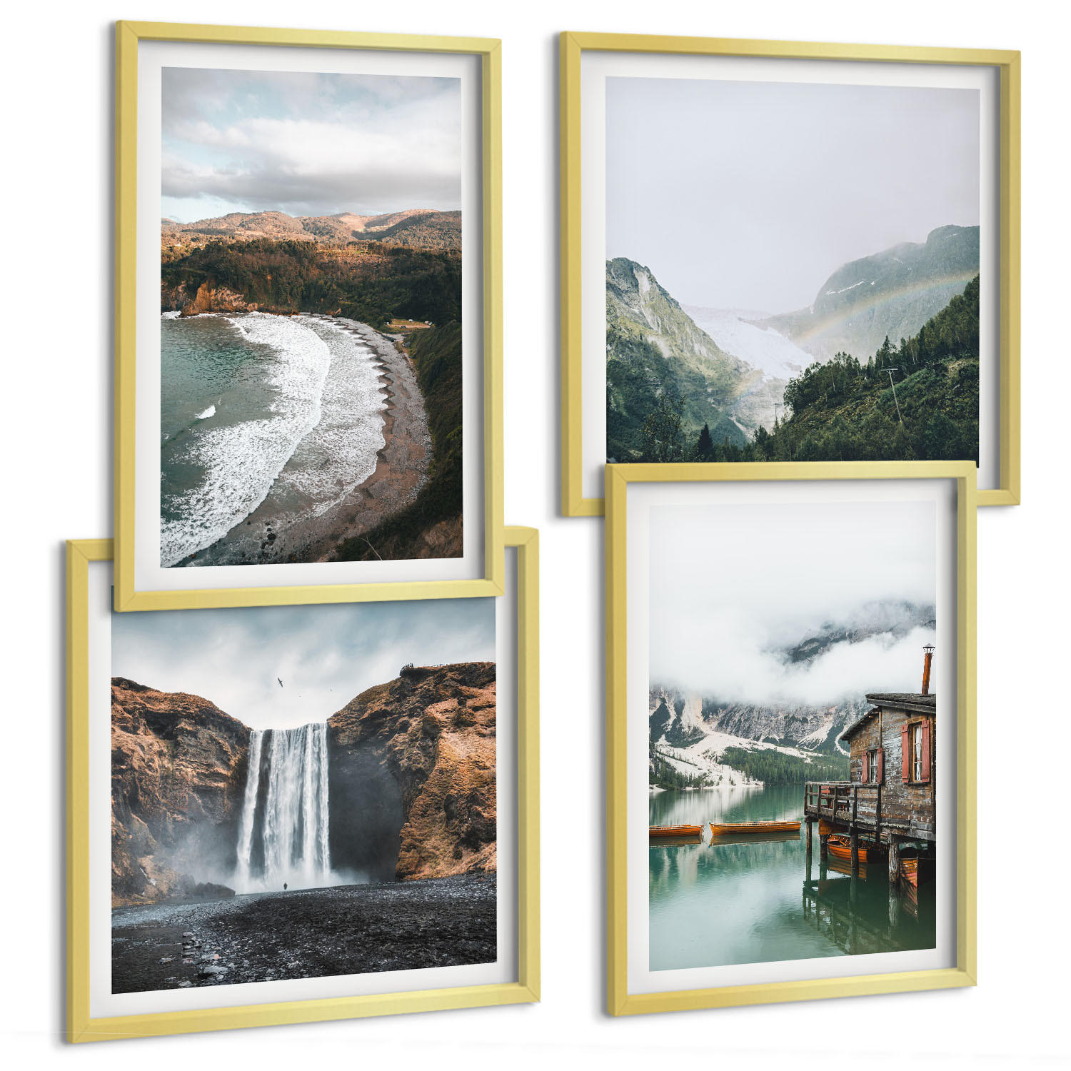 BILDER SET 4er Set - 50x50 cm & 40x60 cm Goldrahmen - Bergstrände Wolken Wasser - Goldfarben, Kunststoff (50/50cm) - TULUP