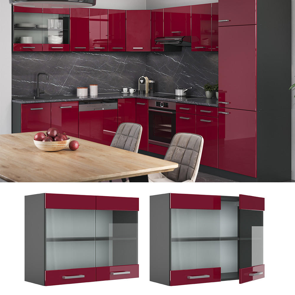 KÜCHENGLASSCHRANK R-Line Rot Hochglanz 80 cm - Bordeaux/Anthrazit, Holzwerkstoff (80/60/31cm) - Vicco