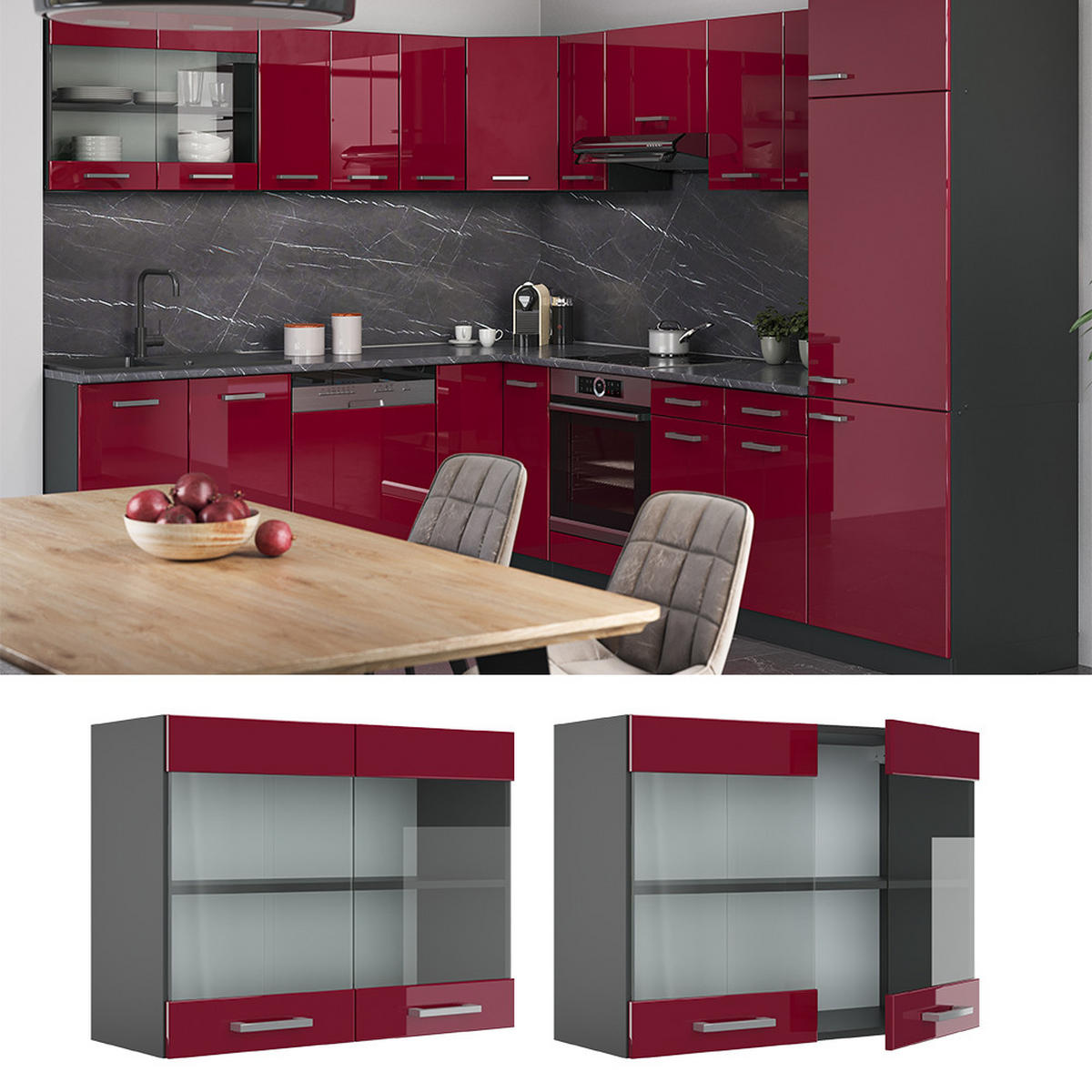 KÜCHENGLASSCHRANK R-Line Rot Hochglanz 80 cm - Bordeaux/Anthrazit, Holzwerkstoff (80/60/31cm) - Vicco