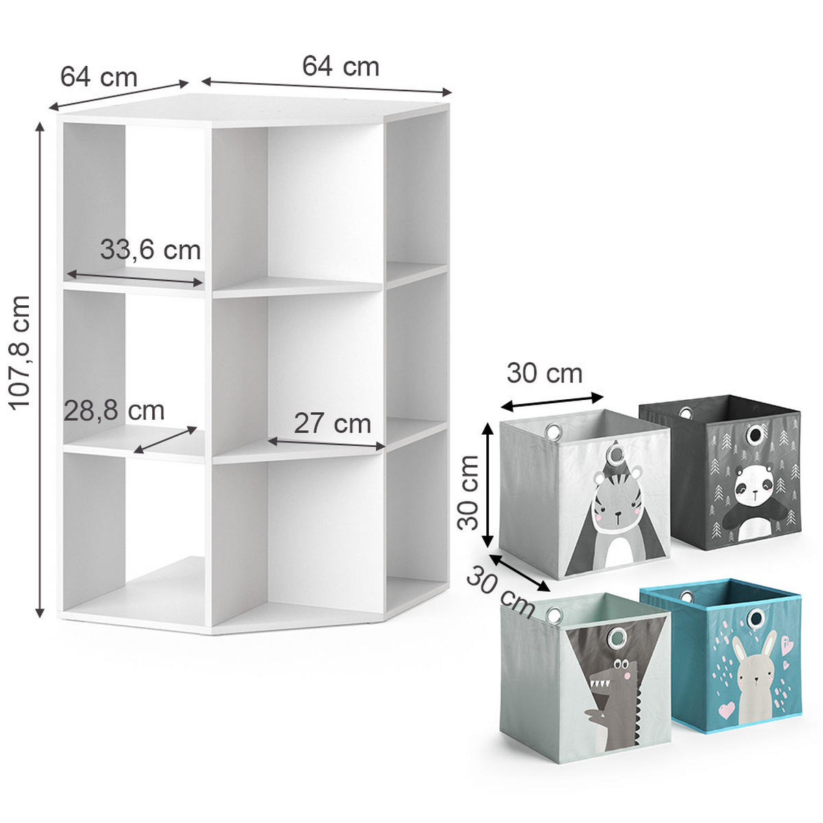 KINDERREGAL Luigi Weiß 64 x 107.8 cm mit 4 Faltboxen - Weiß, Holzwerkstoff (64/107.8/64cm) - Vicco