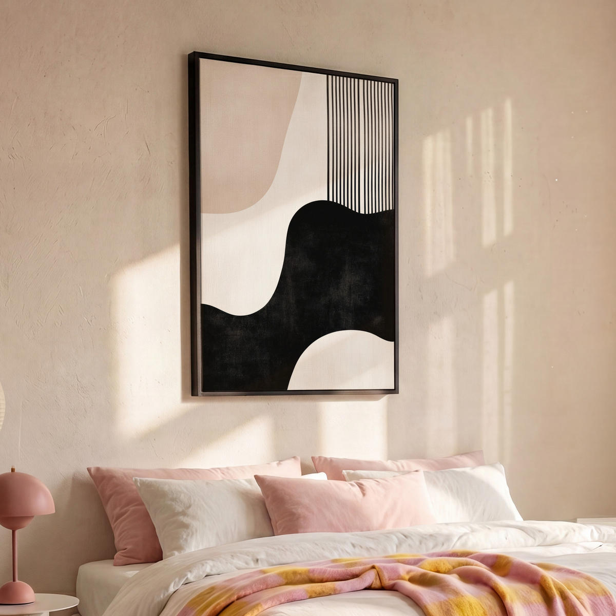 LEINWAND Bilder mit Rahmen - Abstrakt - Japandi - Beige - Modern - 100x150 - Schwarz, Textil (100/150cm) - MuchoWow