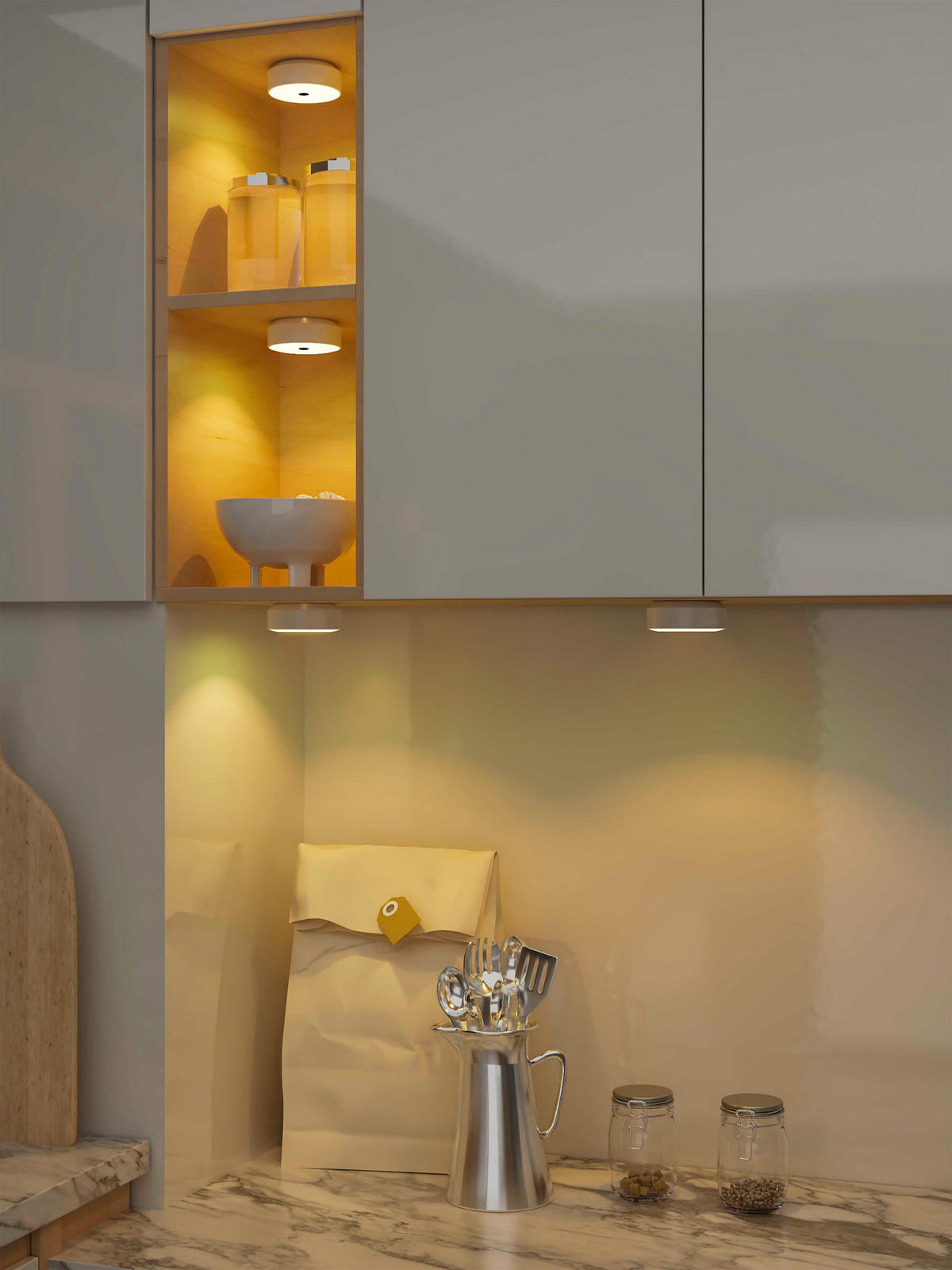 LED-AKKU Schranklichter Spots Unterbauleuchte Ø 9,5 x 3,6 cm 4er-Set Funkverbindung mit Gestensteuerung - Weiß, Kunststoff (3.6/9.5/9.5cm) - Northpoint