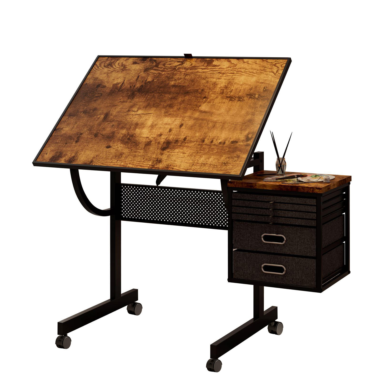 ARBEITSTISCH Schwarz 115/64/74,5 cm mit 2 Schubladen und 4 Ablagen neigungsverstellbar - Schwarz, Holzwerkstoff (64/115/74.5cm) - PANGIVO