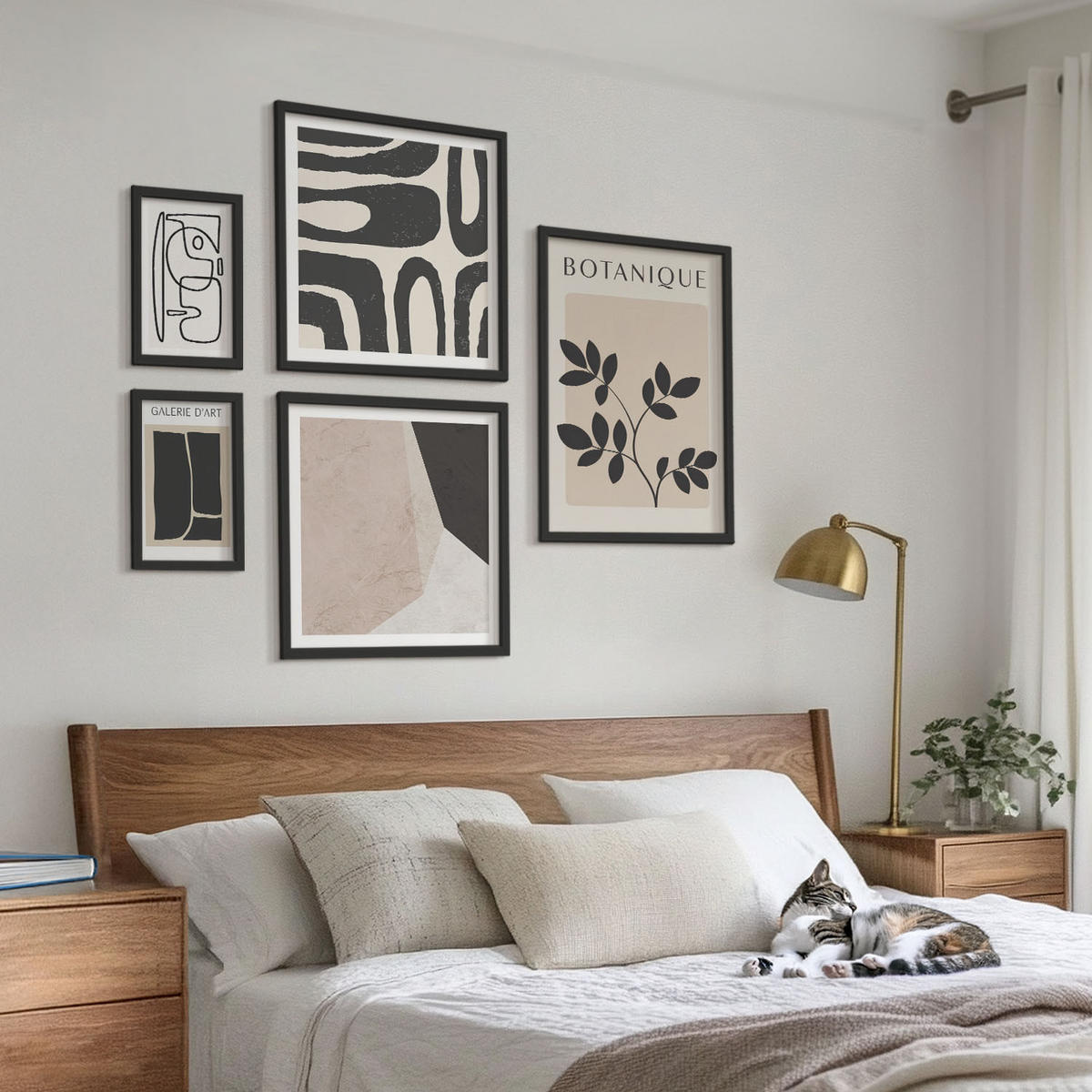 BILDER SET 5er Set - 50x50 cm & 20x30 cm & 40x60 cm Schwarzer Rahmen - Abstrakte Boho-Musterformen - Schwarz, Kunststoff (40/60cm) - TULUP