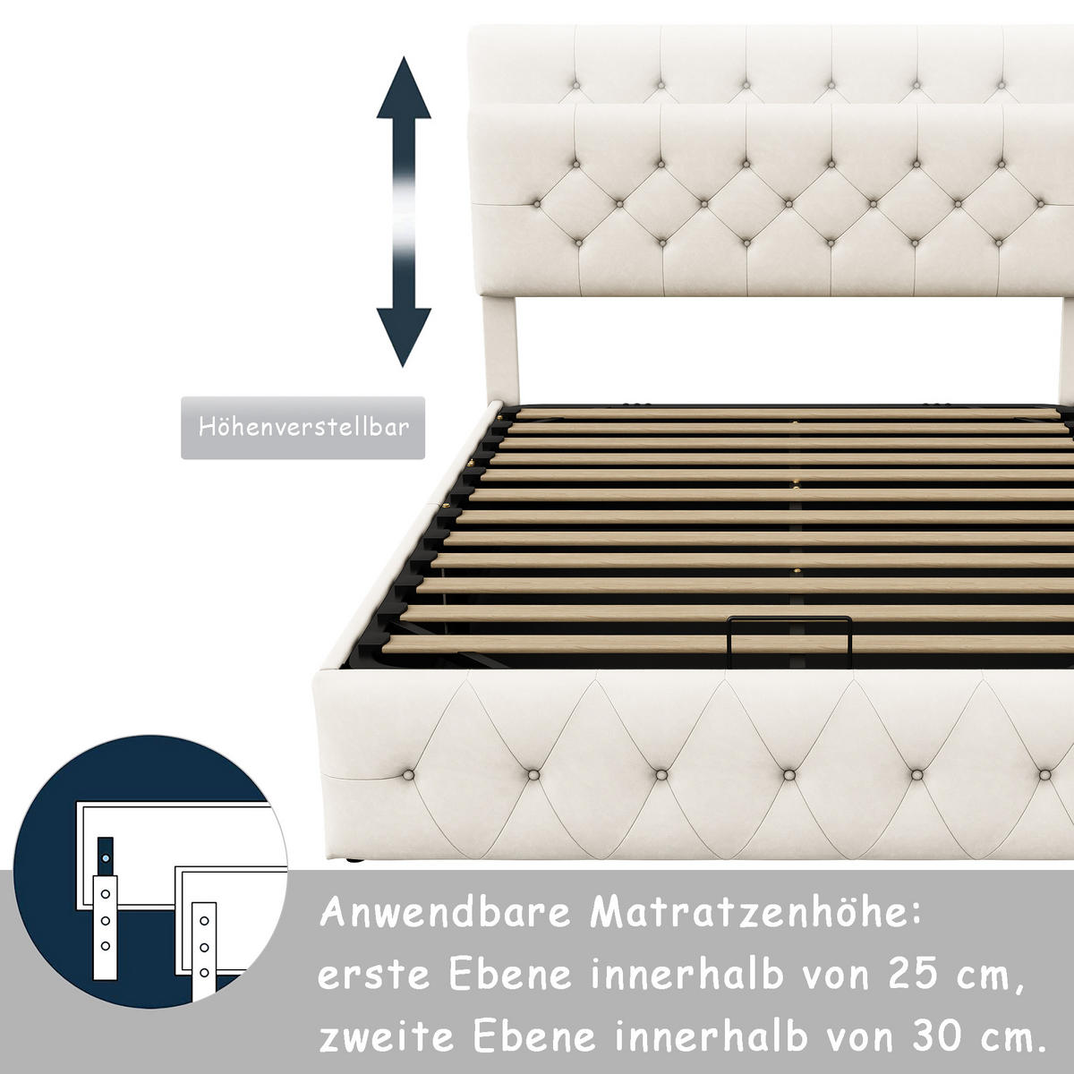 POLSTERBETT 140x200 cm mit hydraulischem Stauraum, höhenverstellbares Kopfteil, Samtstoff in Beige - Beige, Holz (140/200cm) - BRILVERDE