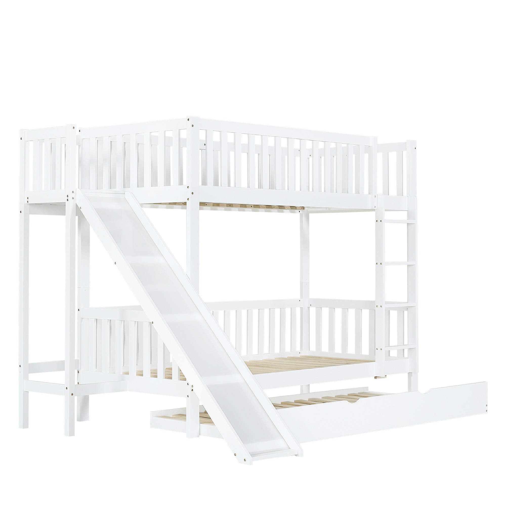 STILVORA ETAGENBETT 90/200 cm & 90/190 cm in Weiß mit Rollbett, Rutsche und Regalen