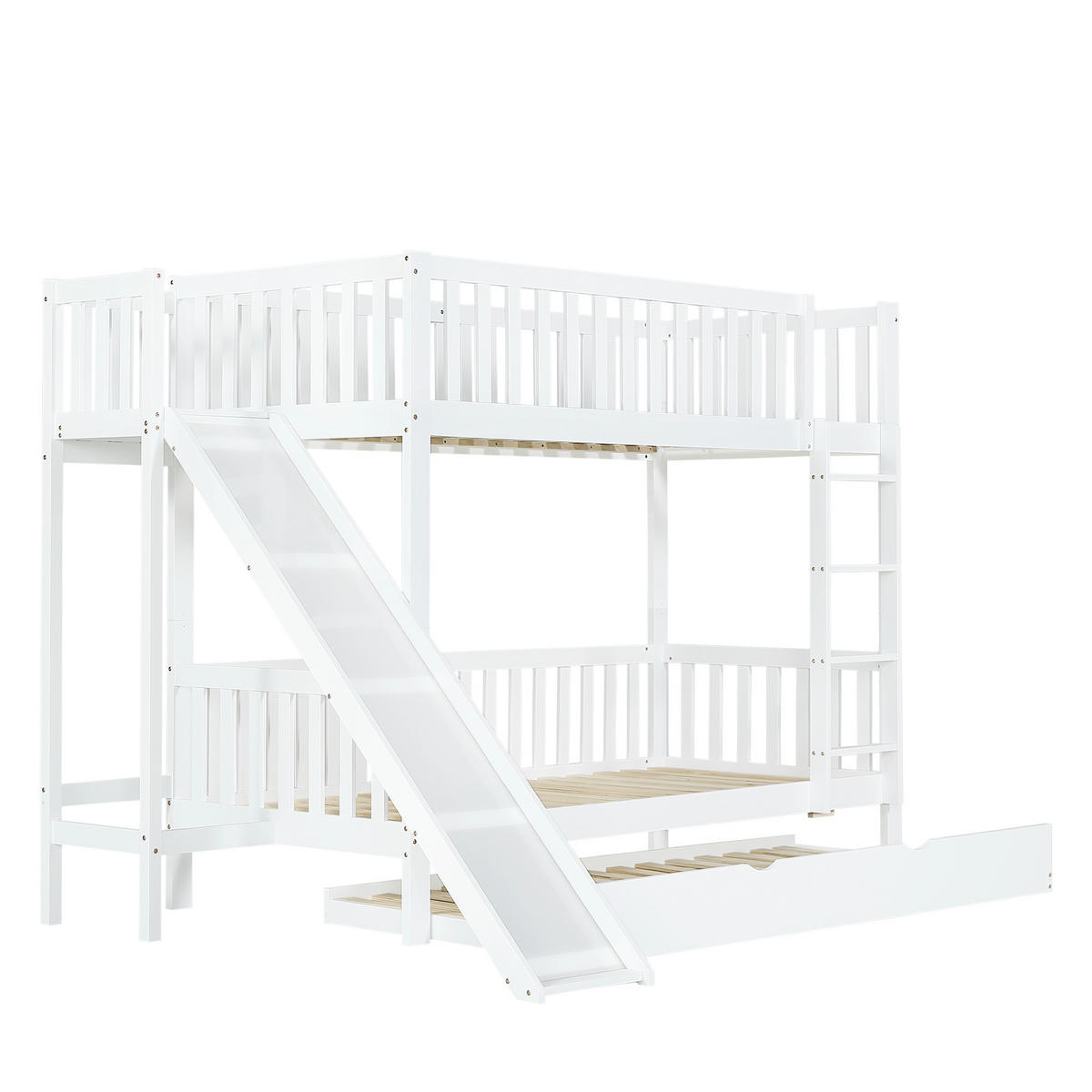 ETAGENBETT 90x200/90x190 mit ausziehbarem Rollbett aus Kiefer & MDF, mit Rutsche, 4-stufiger Leiter und Fallschutz, weiß - Weiß, Holz (90/200cm) - Luhomfu