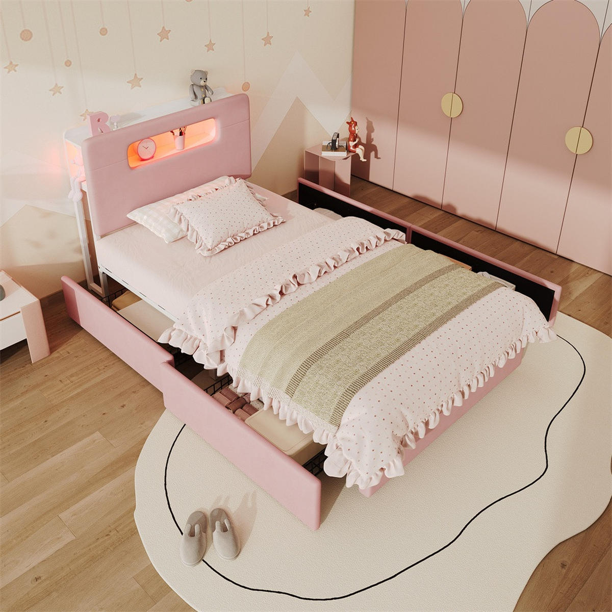 POLSTERBETT 90x200 cm mit 4 seitlichen Schubladen - Kopfteil mit offenem Stauraum & LED-Beleuchtung - Rosa - Pink, Textil (90/200cm) - DELFA