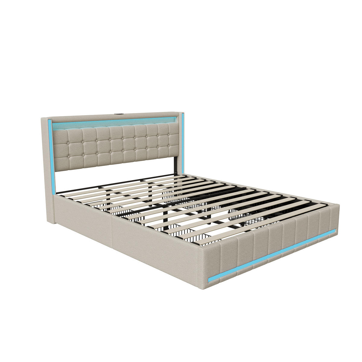 POLSTERBETT 180/200 cm Beige, mit 4 Schubladen, LED und Ladefunktion - Beige, Holz/Metall (180/200cm) - Joyfair