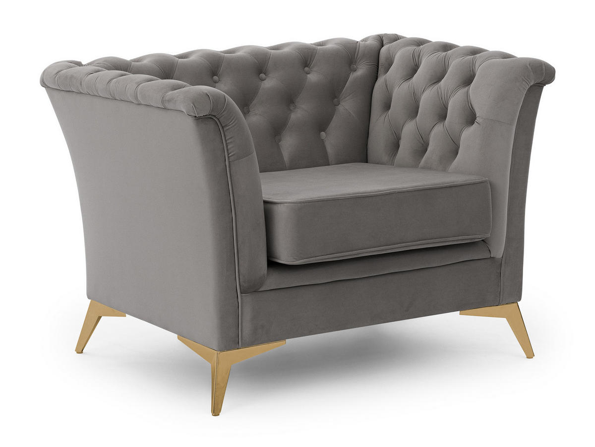 CHESTERFIELD-SESSEL Whitby Grau Samt mit goldenen Füßen - Goldfarben/Grau, Holz/Textil (116/78/82cm) - S-Style Möbel