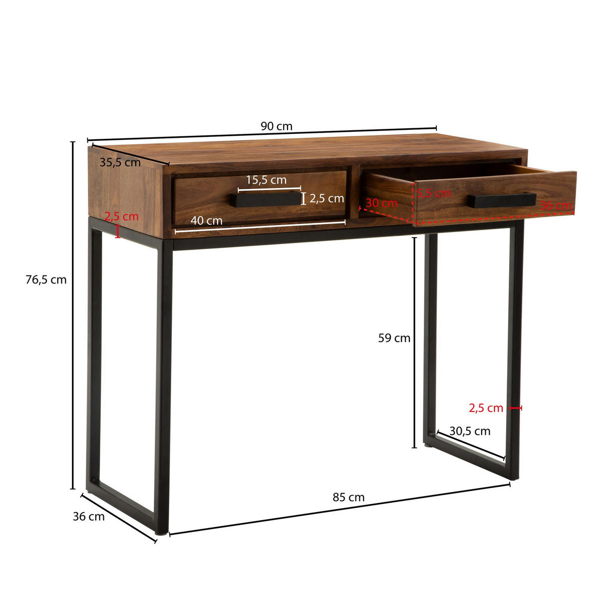 KONSOLENTISCH – Massivholz/Metall, schwarz, mit Schubladen, Industrial-Stil - Schwarz/Braun, Holz/Metall (36/90/77cm) - KADIMA DESIGN