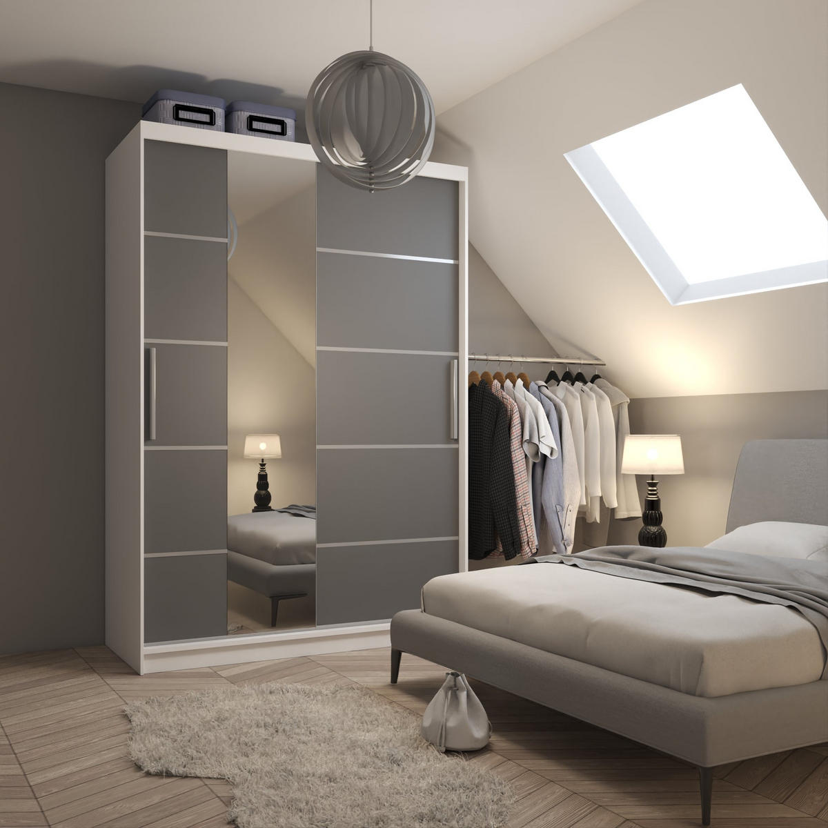 SCHWEBETÜRENSCHRANK Verona MBP, Weiß/Grau Matt, 133 cm, mit Spiegel - Grau, Holz (133/216/60cm) - B BELINI GROUP