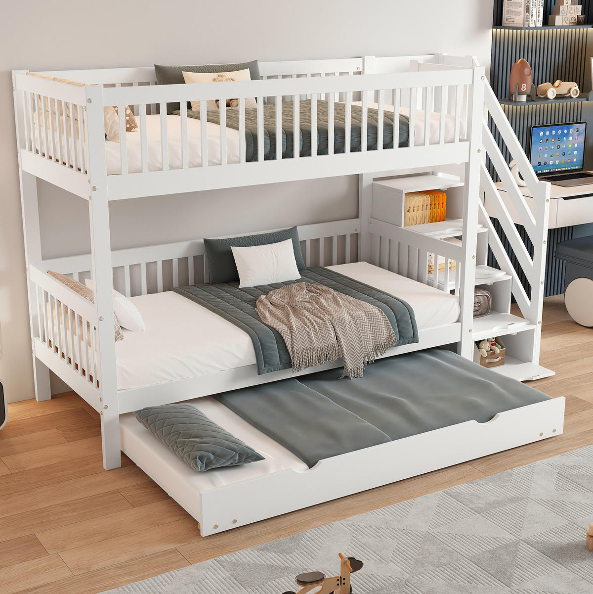 ETAGENBETT aus Kiefer und MDF 90x200/190 cm Weiß mit Rollbett, Leiterschrank und Rundum-Fallschutz - Weiß, Holzwerkstoff (90/200cm) - Modfu