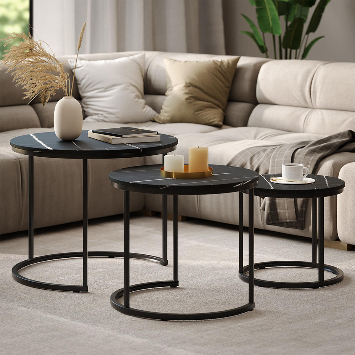 COUCHTISCH-SET Montreal Schwarzer Marmor 55 x 55 cm 3 Teile - Schwarz Hochglanz/Schwarz, Holzwerkstoff (55/55/44.5cm) - Vicco