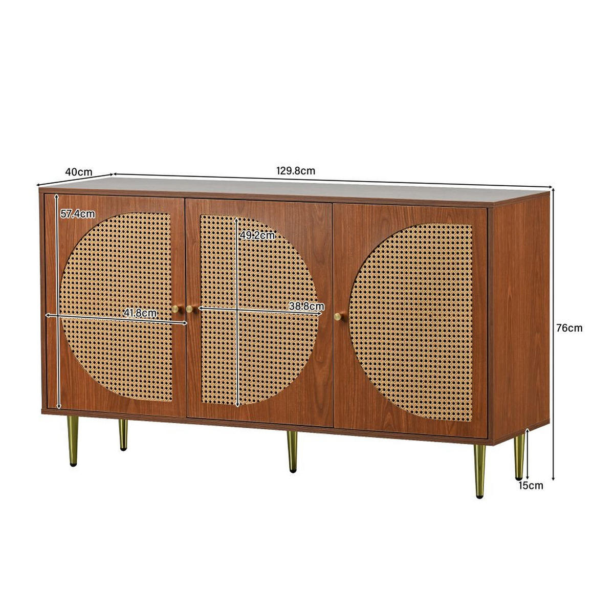 SIDEBOARDS mit 3 Rattan verzierten Türen，Nussbaum - Walnussfarben, Holz (40/76/129.8cm) - KOMHTOM