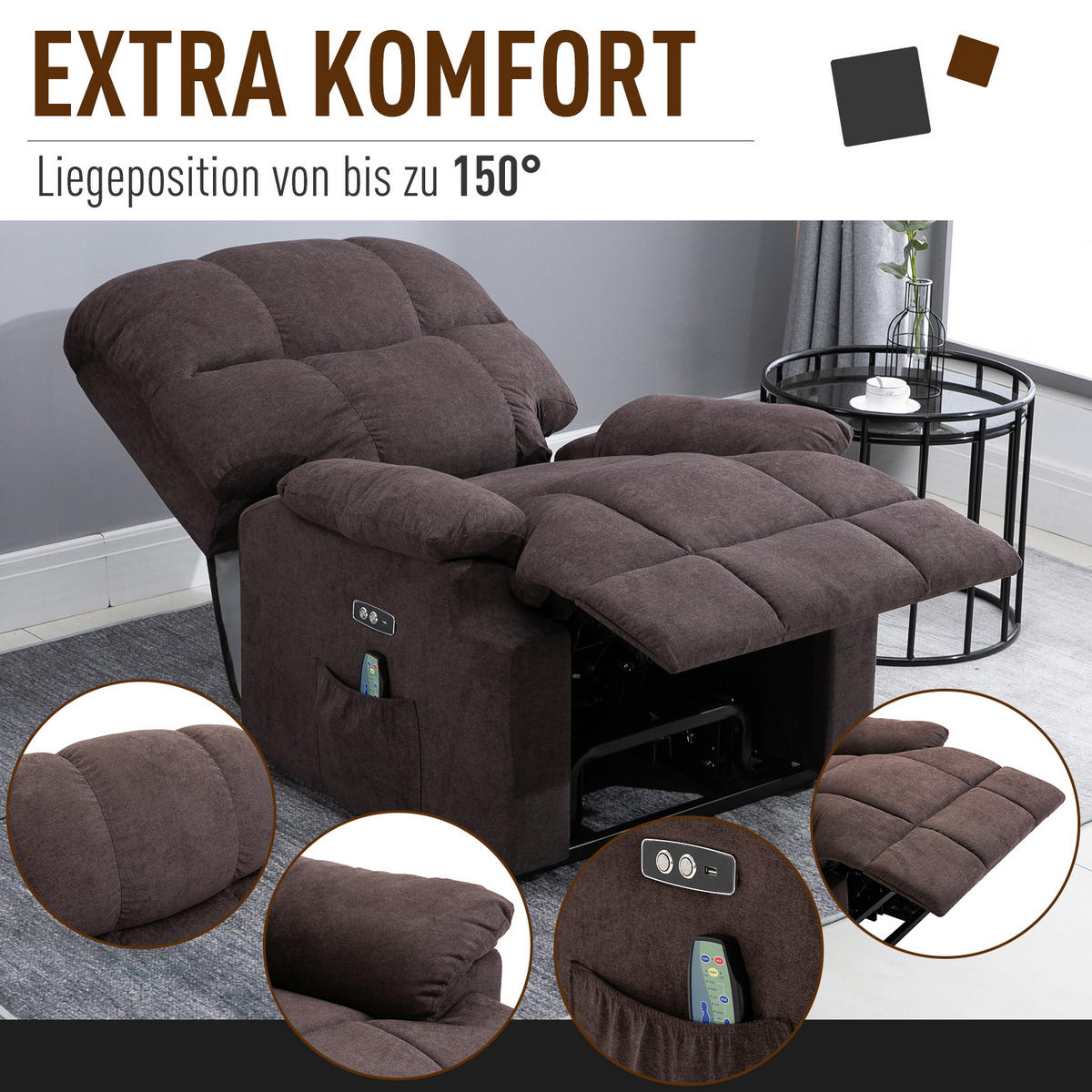 MASSAGESESSEL mit Aufstehhilfe Relaxsessel Fernsehsessel mit Wärmefunktion Braun - Braun, Kunststoff (95/105/83cm) - HOMCOM