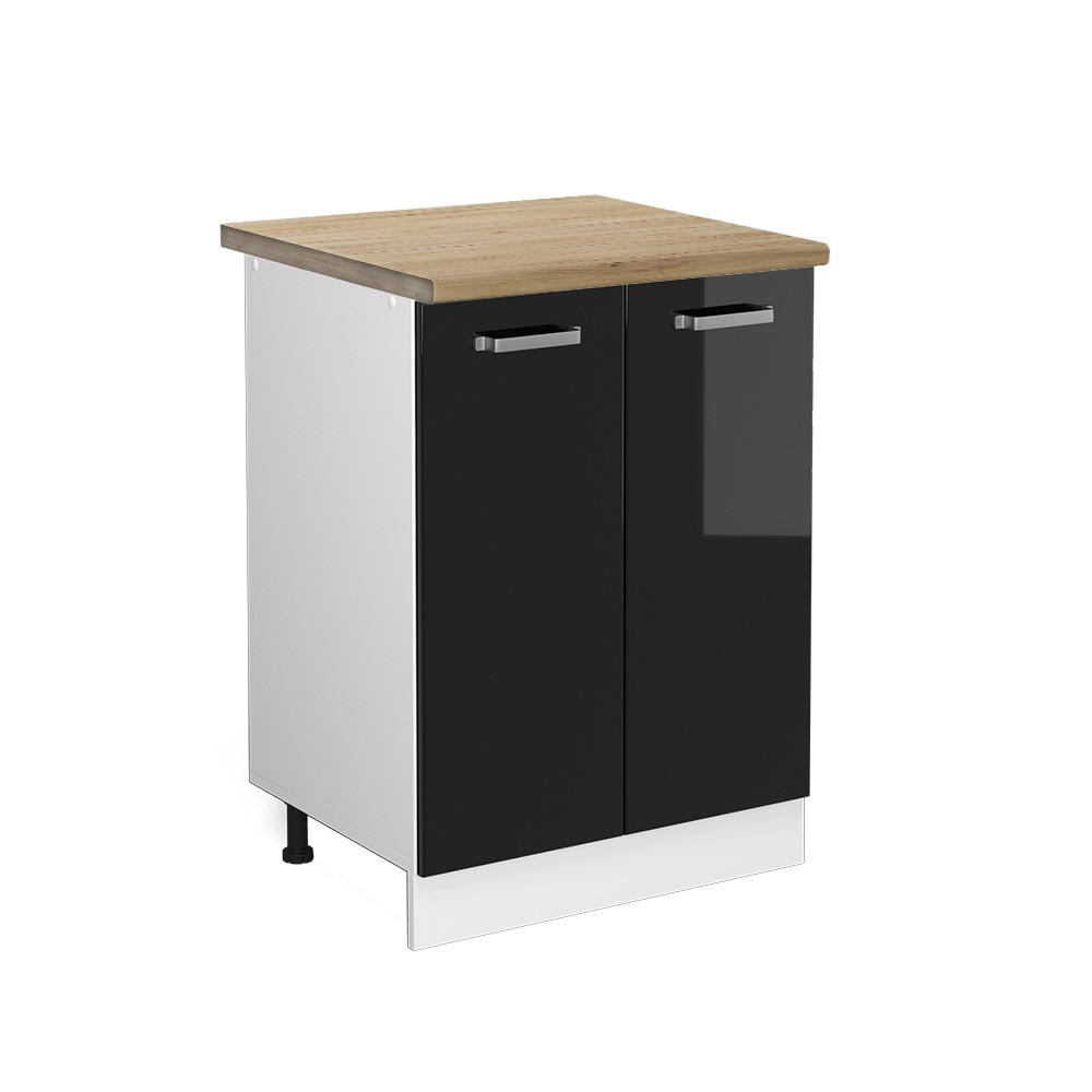 KÜCHENUNTERSCHRANK R-Line Schwarz Hochglanz 60 cm, AP Eiche - Schwarz Hochglanz/Schwarz, Holzwerkstoff (60/81.6/60cm) - Vicco