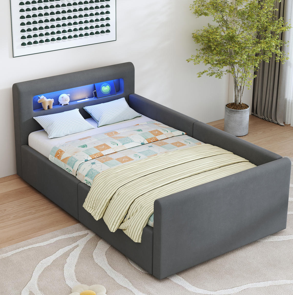 KINDERBETT 90/200 cm Dunkelgrau mit LED-Beleuchtung, USB-Anschluss und Stauraum - Grau, Textil (90/200cm) - Flora Grace