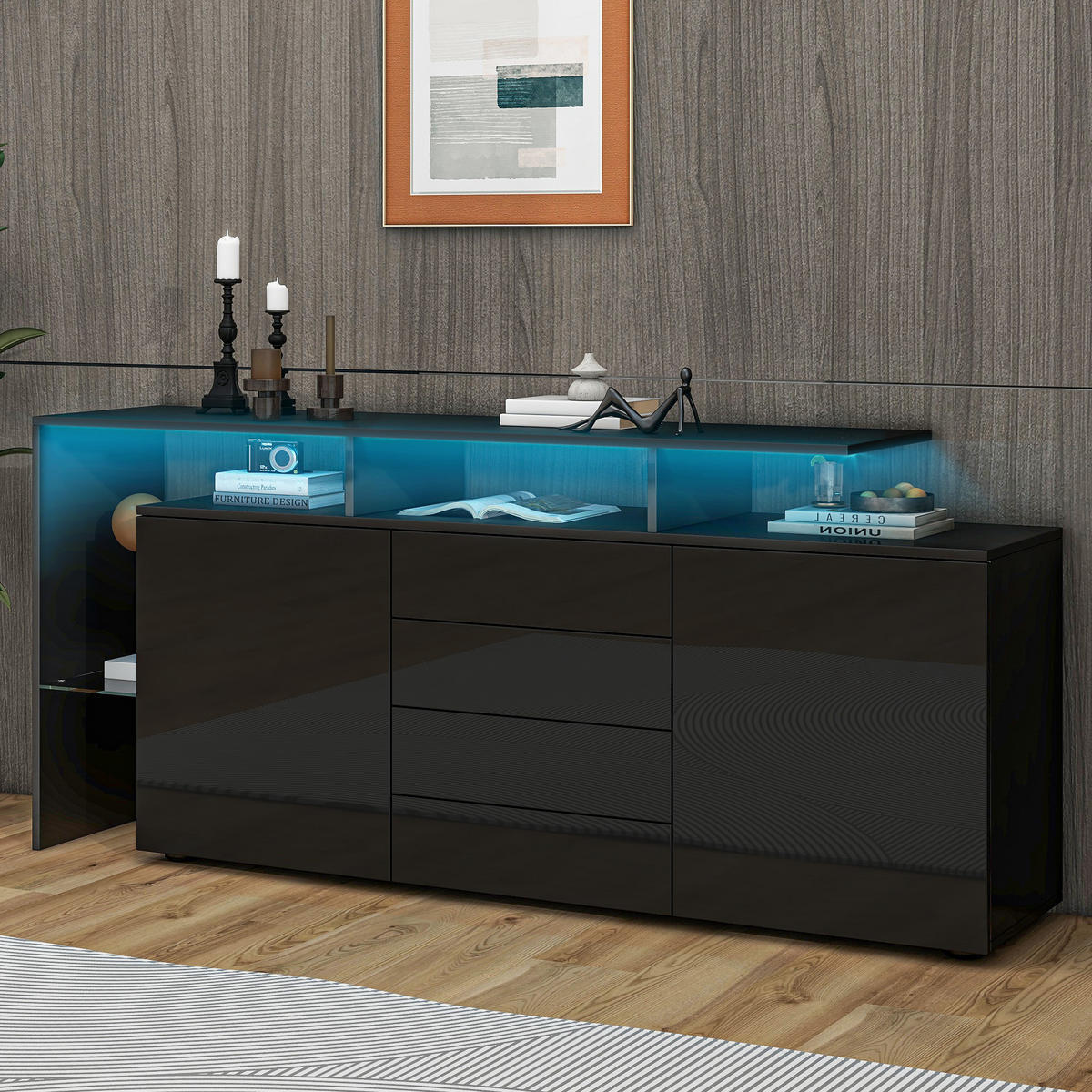SIDEBOARD LED Schwarz Hochglanz Mehrzweckschrank Stauraum - Schwarz, Holzwerkstoff (35/70/160cm) - FLIEKS
