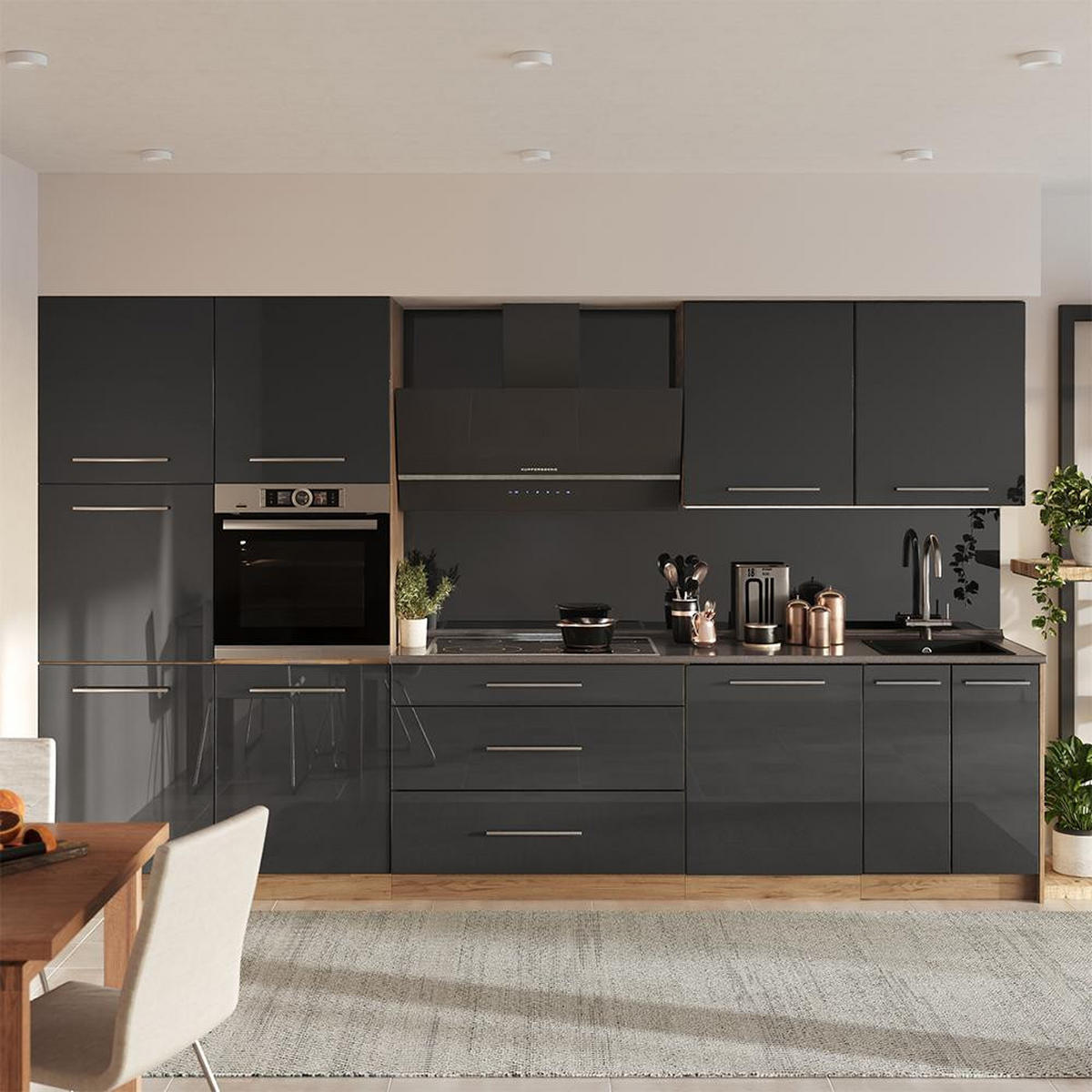 CHICINETĂ Fame-Line, Antracit lucios ridicat/Stejar auriu, 340 cm, AP Stejar - stejar miere/negru cu luciu intens, compozit lemnos (340/206.8/60cm) - Vicco