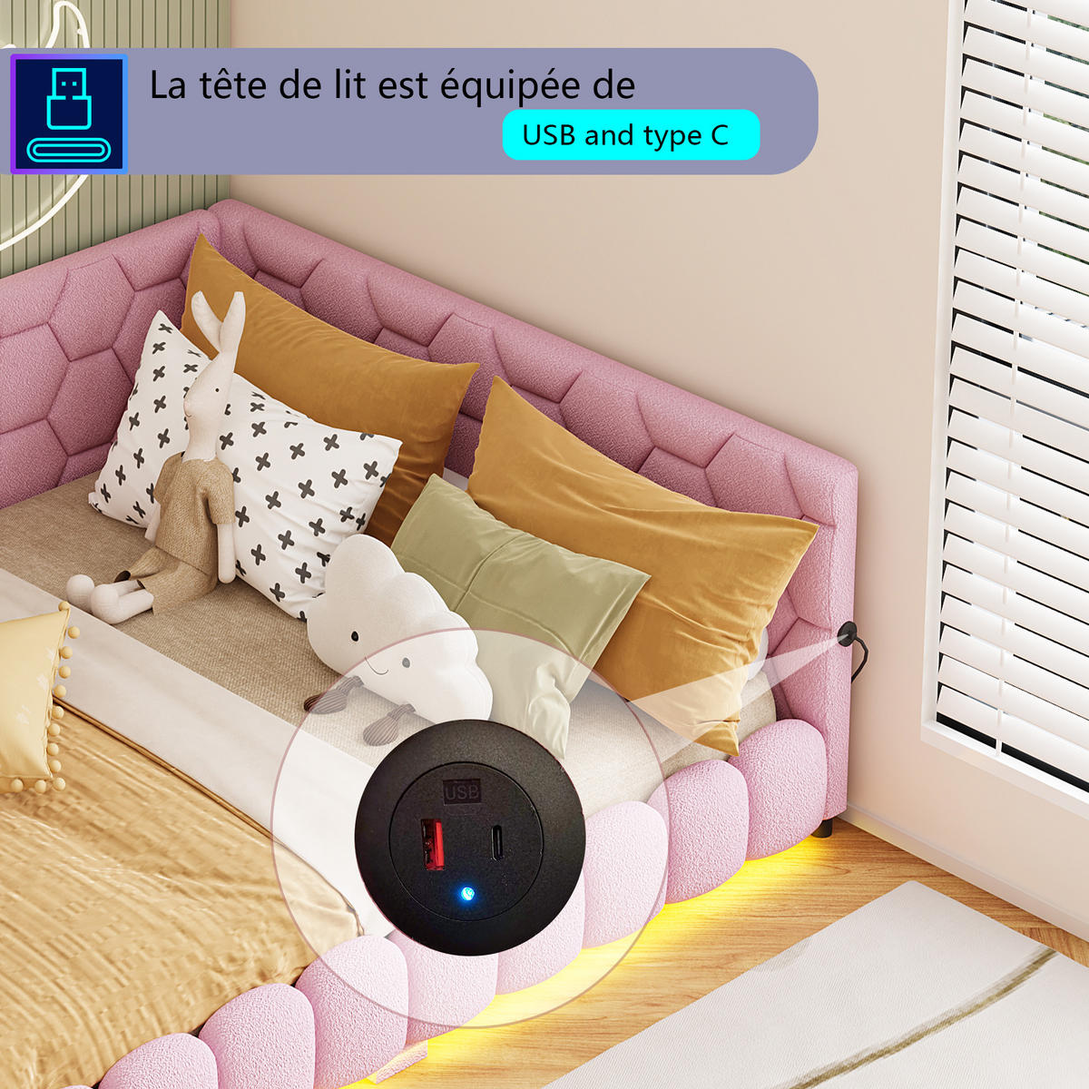 POLSTERBETT 140x200 cm, Rosa, LED-Beleuchtung und USB-Anschluss, Tagesbett Schlafsofa - Rosa, Textil/Metall (140/200cm)