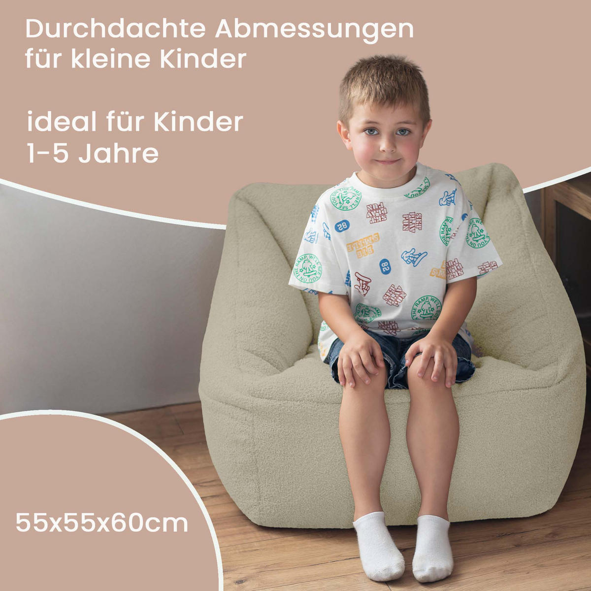 SITZSACK-SESSEL Bambino 55/60/55 cm, weicher Bouclé 315 g/m², mit Griff & Seitentasche, Beige - Beige, Textil (55/55/60cm) - Dreamroots