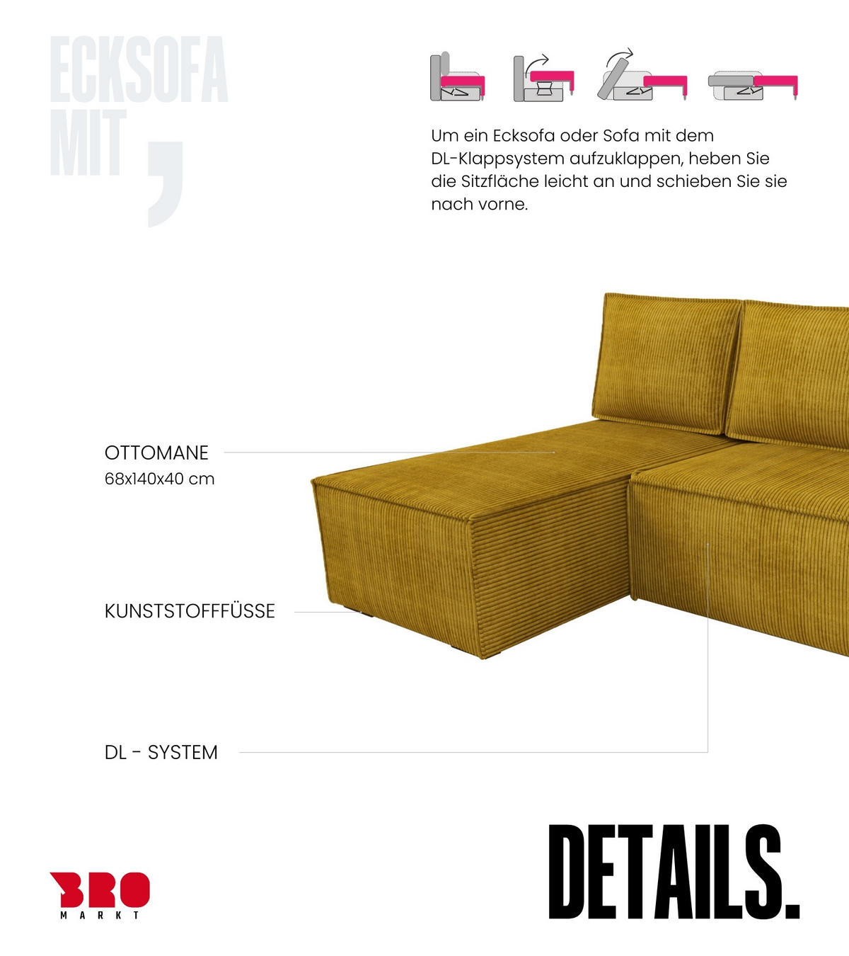 ECKSOFA Hector mit Schlaffunktion Gelb Cord - Gelb, Textil (200/141cm) - Bromarkt