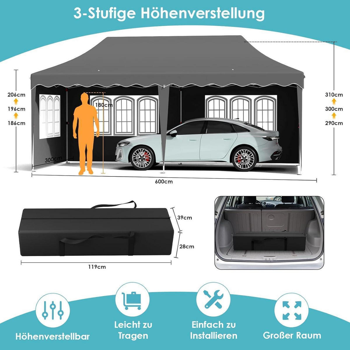 FALTPAVILLON 3x6 m Grau Wasserdicht mit 6 Seitenwänden, winterfest - Grau, Textil (300/310/600cm)