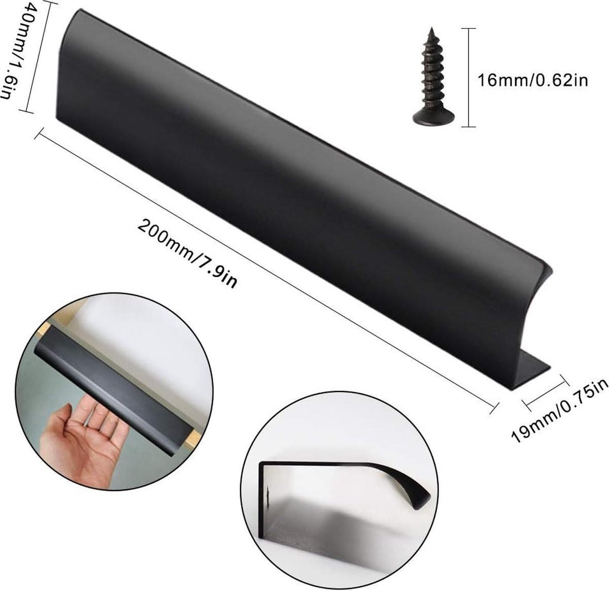 GRIFF 4er-Set Schwarz unsichtbar Aluminium 20 cm Möbel Schrank - Schwarz, Metall (2/4/20cm) - MCBOSON