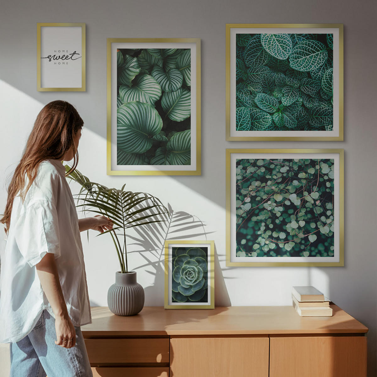 BILDER SET 5er Set - 50x50 cm & 20x30 cm & 40x60 cm Goldrahmen - Wellen, Sand, Wasser, Steine, Strand - Goldfarben, Kunststoff (40/60cm) - TULUP
