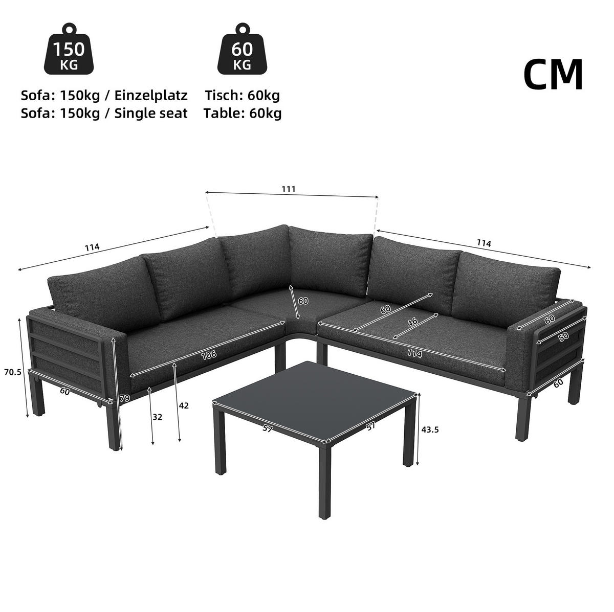 GARTENMÖBEL 114x60x70.5cm grau aus Eisen und mit Kissen - Grau, Metall - Modfu