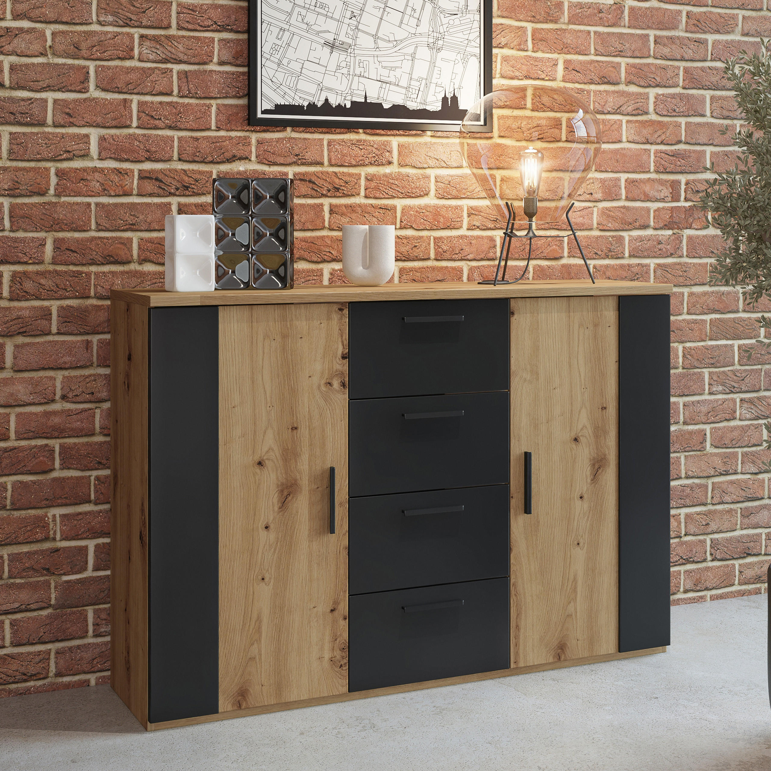 SIDEBOARD SIGNORA 132/94/40 cm mit 4 Schubladen und 2 Türen Eiche Artisan - Eiche Artisan, Holzwerkstoff (132/94/40cm) - MASSENO