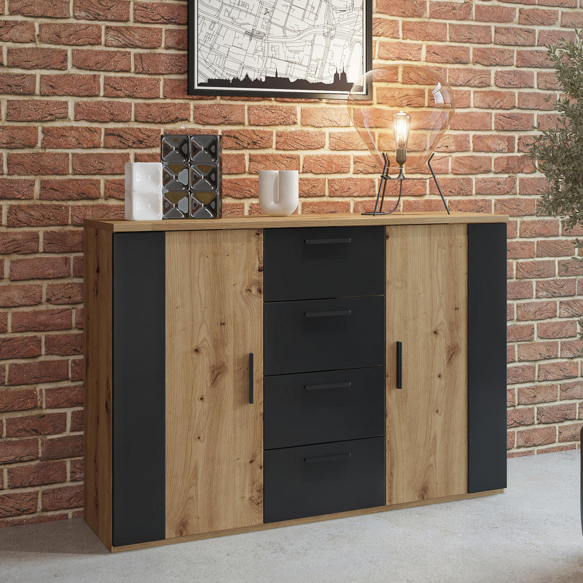 SIDEBOARD SIGNORA 132/94/40 cm mit 4 Schubladen und 2 Türen Eiche Artisan - Eiche Artisan, Holzwerkstoff (132/94/40cm) - MASSENO